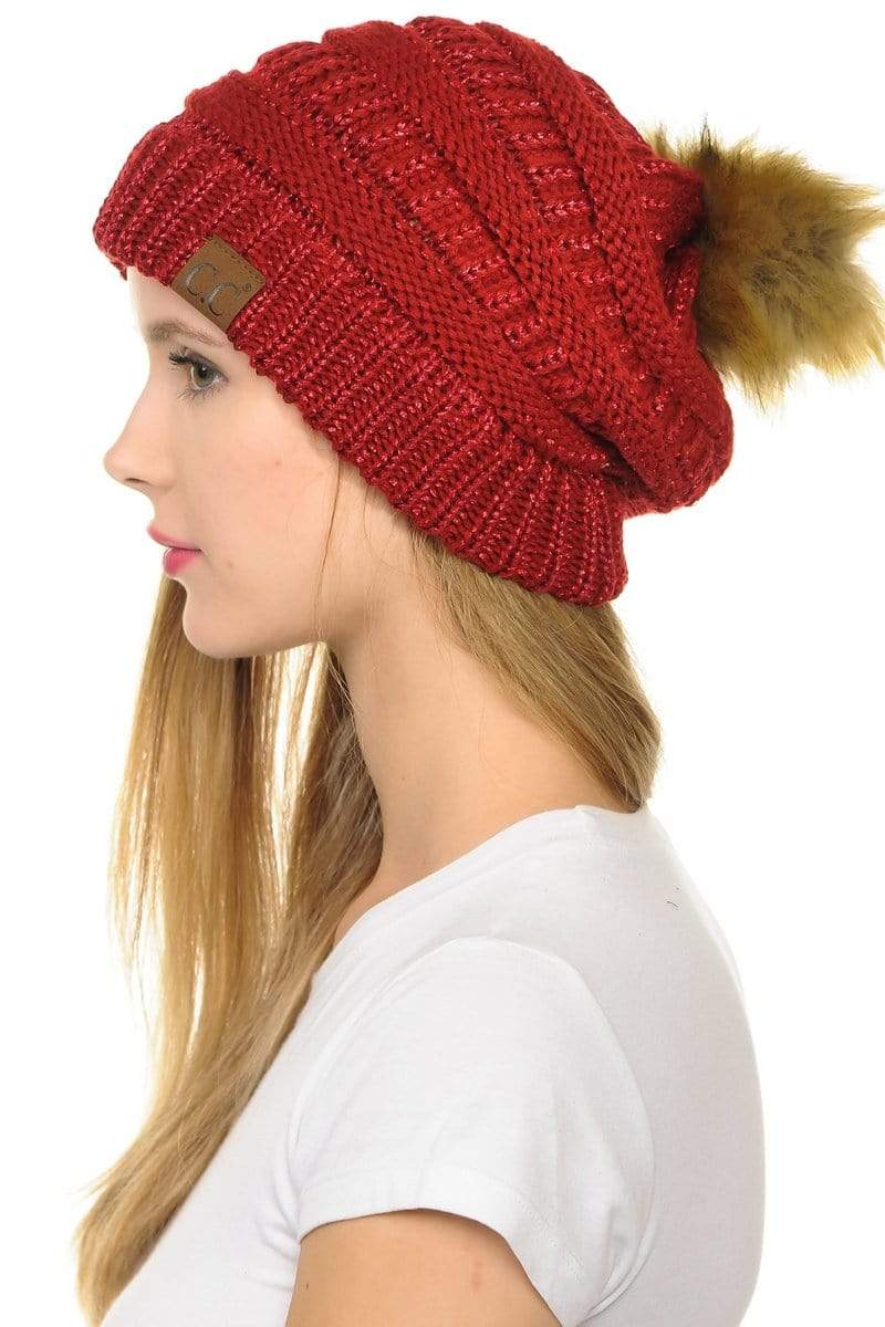 C.C Apparel Red C.C Hat 43M - Slouchy Thick Warm Cap Hat Skully Metallic Faux Fur Pom Pom Cable Knit Beanie
