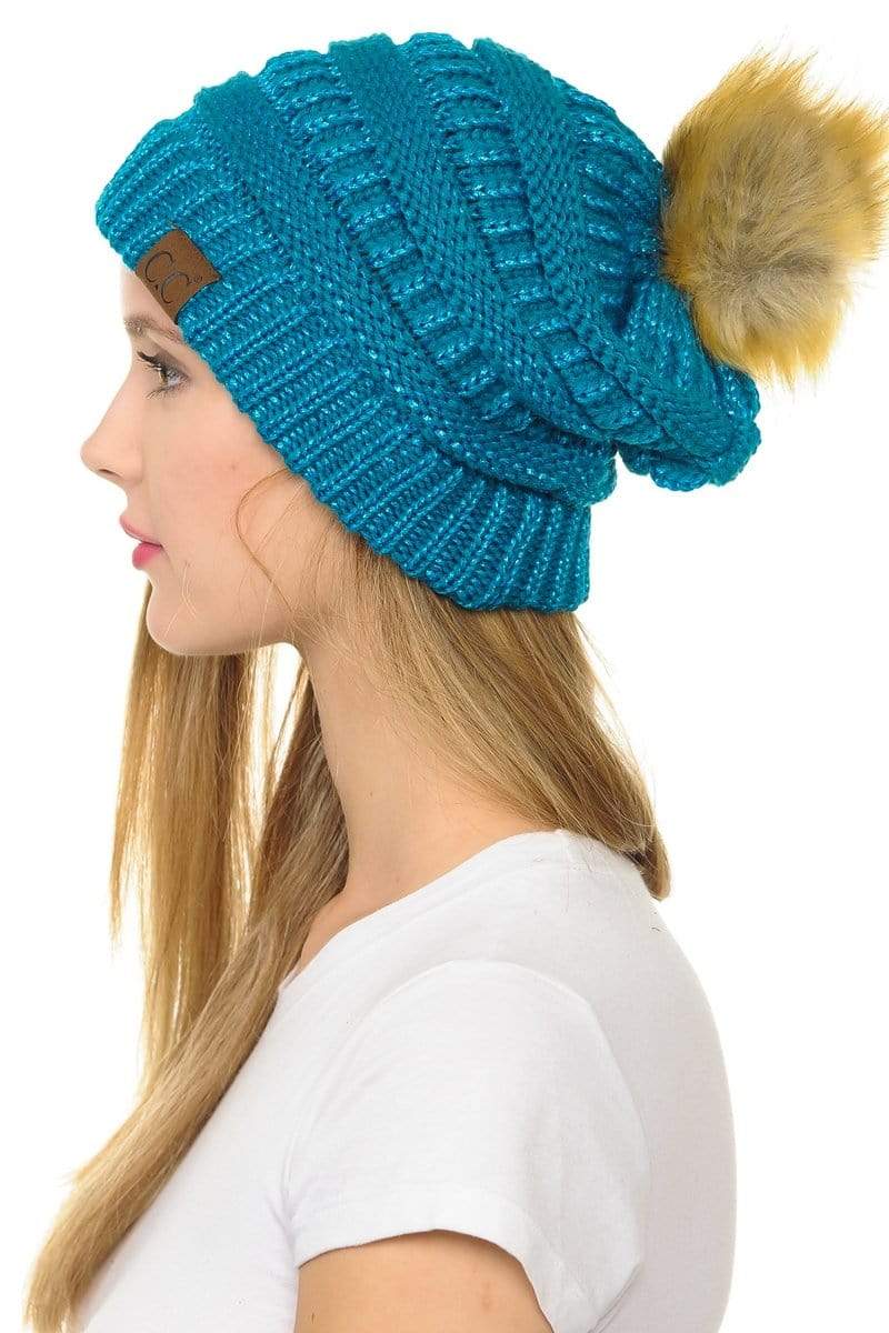 C.C Apparel Teal C.C Hat 43M - Slouchy Thick Warm Cap Hat Skully Metallic Faux Fur Pom Pom Cable Knit Beanie