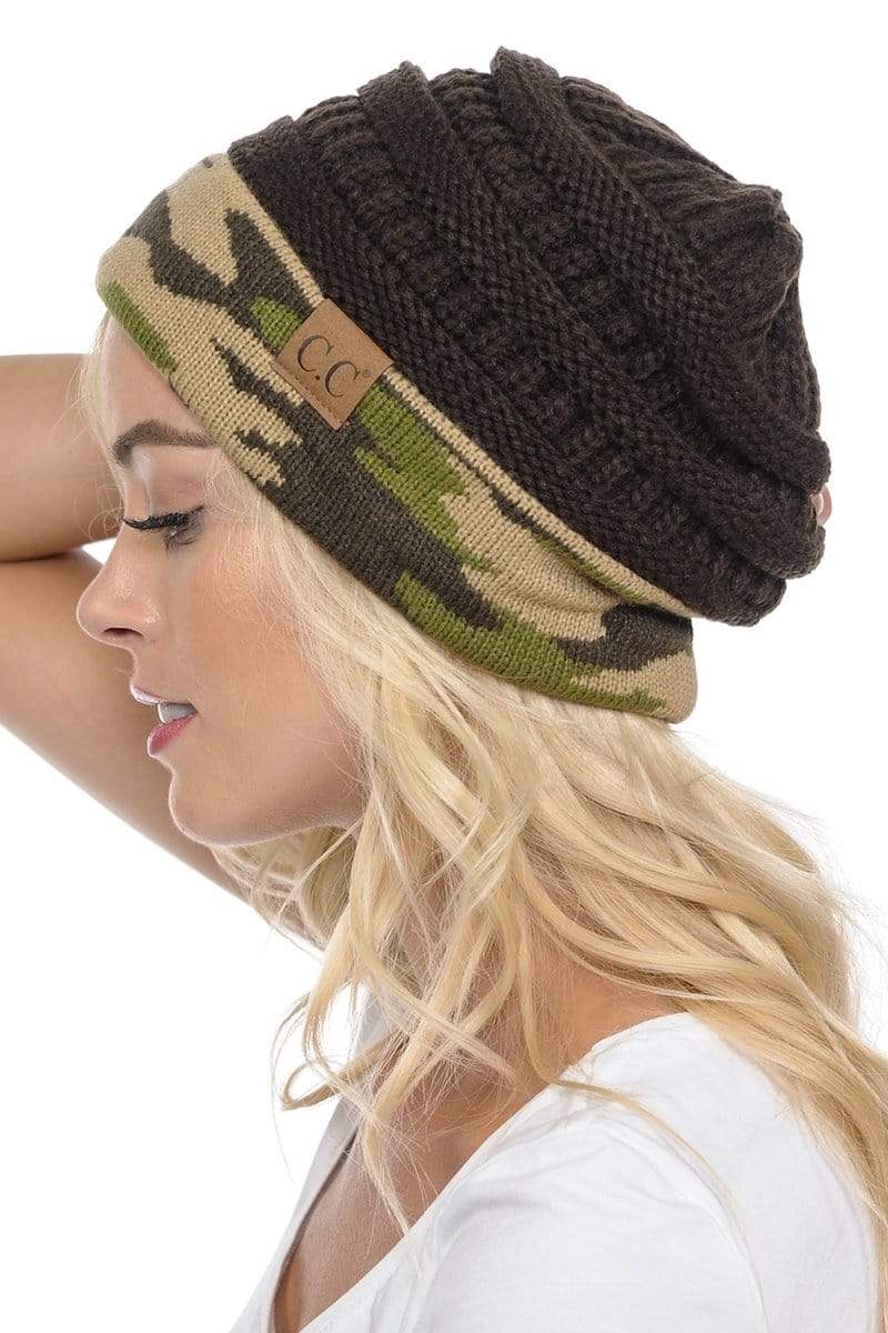 C.C Apparel C.C Hat 46 - Slouchy Thick Warm Cap Hat Skully Camouflage Cuff Cable Knit Beanie
