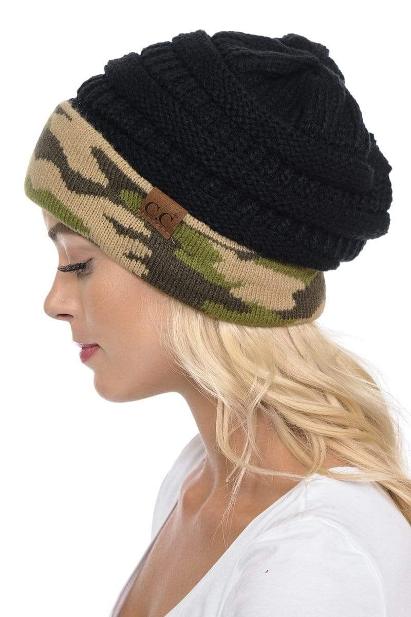 C.C Apparel Camo/Black C.C Hat 46 - Slouchy Thick Warm Cap Hat Skully Camouflage Cuff Cable Knit Beanie