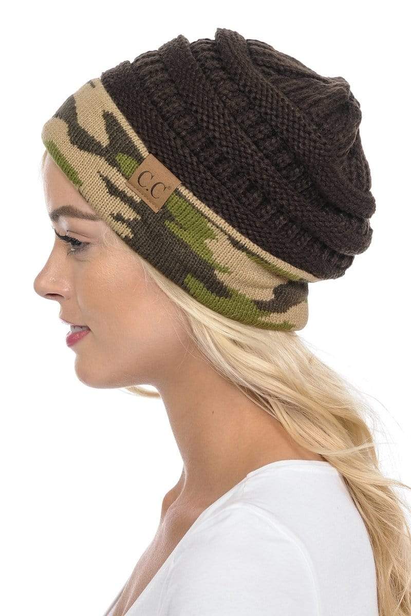 C.C Apparel Camo/Brown C.C Hat 46 - Slouchy Thick Warm Cap Hat Skully Camouflage Cuff Cable Knit Beanie