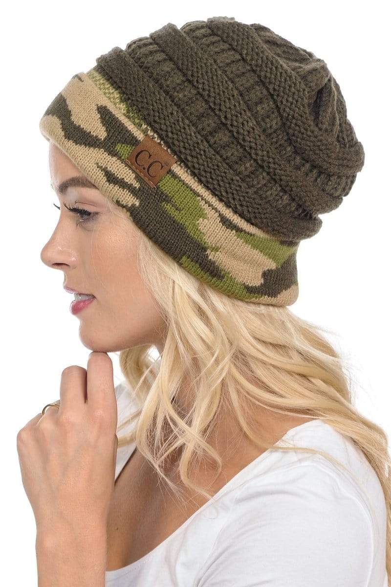 C.C Apparel Camo/Dark Olive C.C Hat 46 - Slouchy Thick Warm Cap Hat Skully Camouflage Cuff Cable Knit Beanie