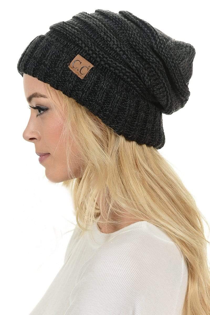 C.C Apparel Black and Grey C.C Hat 6242 - Oversized Baggy Slouch Thick Warm Cap Hat Skully Mixed Multi Color Cable Knit Beanie