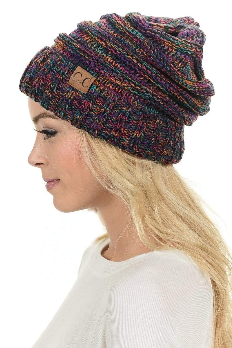 C.C Apparel Black Multi C.C Hat 6242 - Oversized Baggy Slouch Thick Warm Cap Hat Skully Mixed Multi Color Cable Knit Beanie
