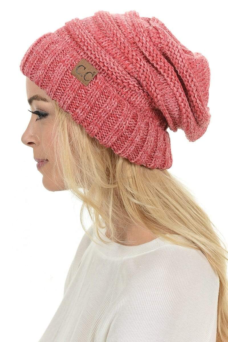 C.C Apparel Dark Rose C.C Hat 6242 - Oversized Baggy Slouch Thick Warm Cap Hat Skully Mixed Multi Color Cable Knit Beanie
