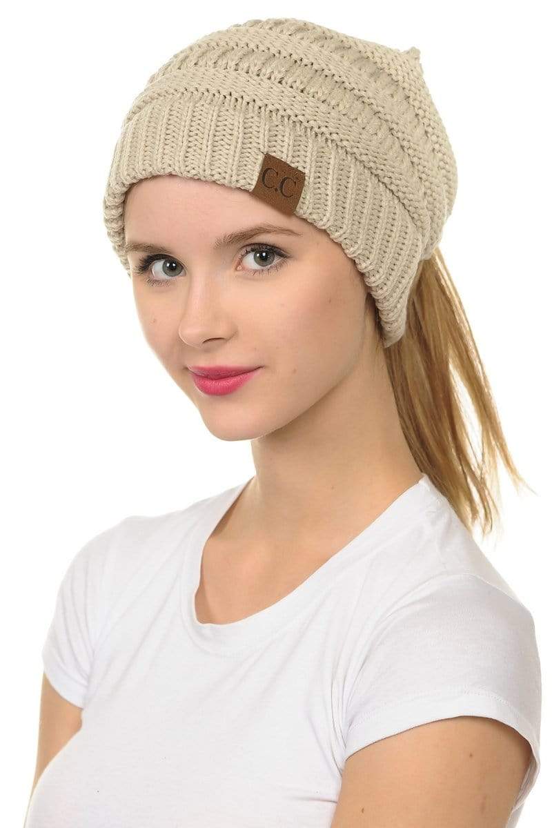 C.C Apparel C.C MB20A  - Soft Stretch Cable Knit Warm Hat High Bun Ponytail Beanie