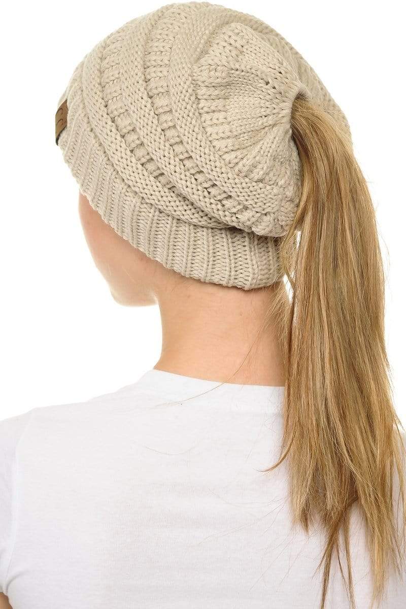 C.C Apparel C.C MB20A  - Soft Stretch Cable Knit Warm Hat High Bun Ponytail Beanie