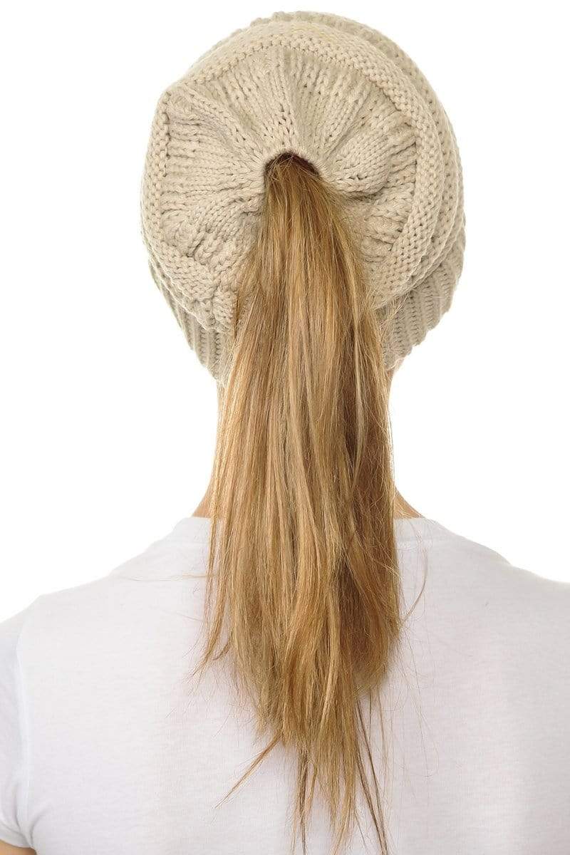 C.C Apparel C.C MB20A  - Soft Stretch Cable Knit Warm Hat High Bun Ponytail Beanie