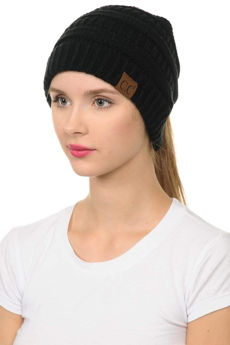 C.C Apparel C.C MB20A  - Soft Stretch Cable Knit Warm Hat High Bun Ponytail Beanie