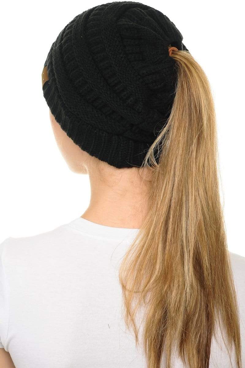 C.C Apparel C.C MB20A  - Soft Stretch Cable Knit Warm Hat High Bun Ponytail Beanie