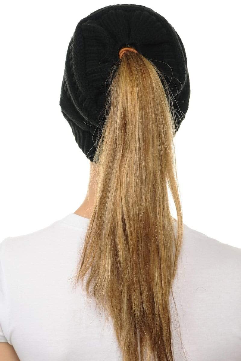 C.C Apparel C.C MB20A  - Soft Stretch Cable Knit Warm Hat High Bun Ponytail Beanie