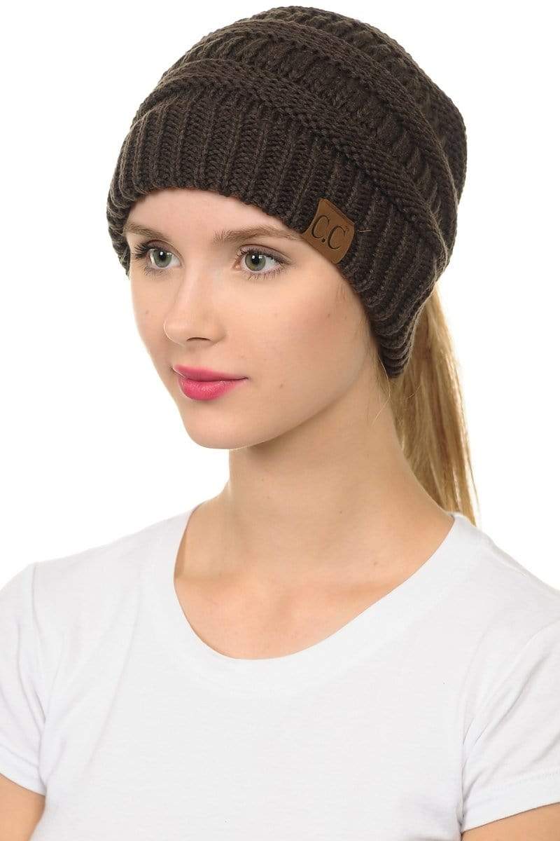 C.C Apparel C.C MB20A  - Soft Stretch Cable Knit Warm Hat High Bun Ponytail Beanie