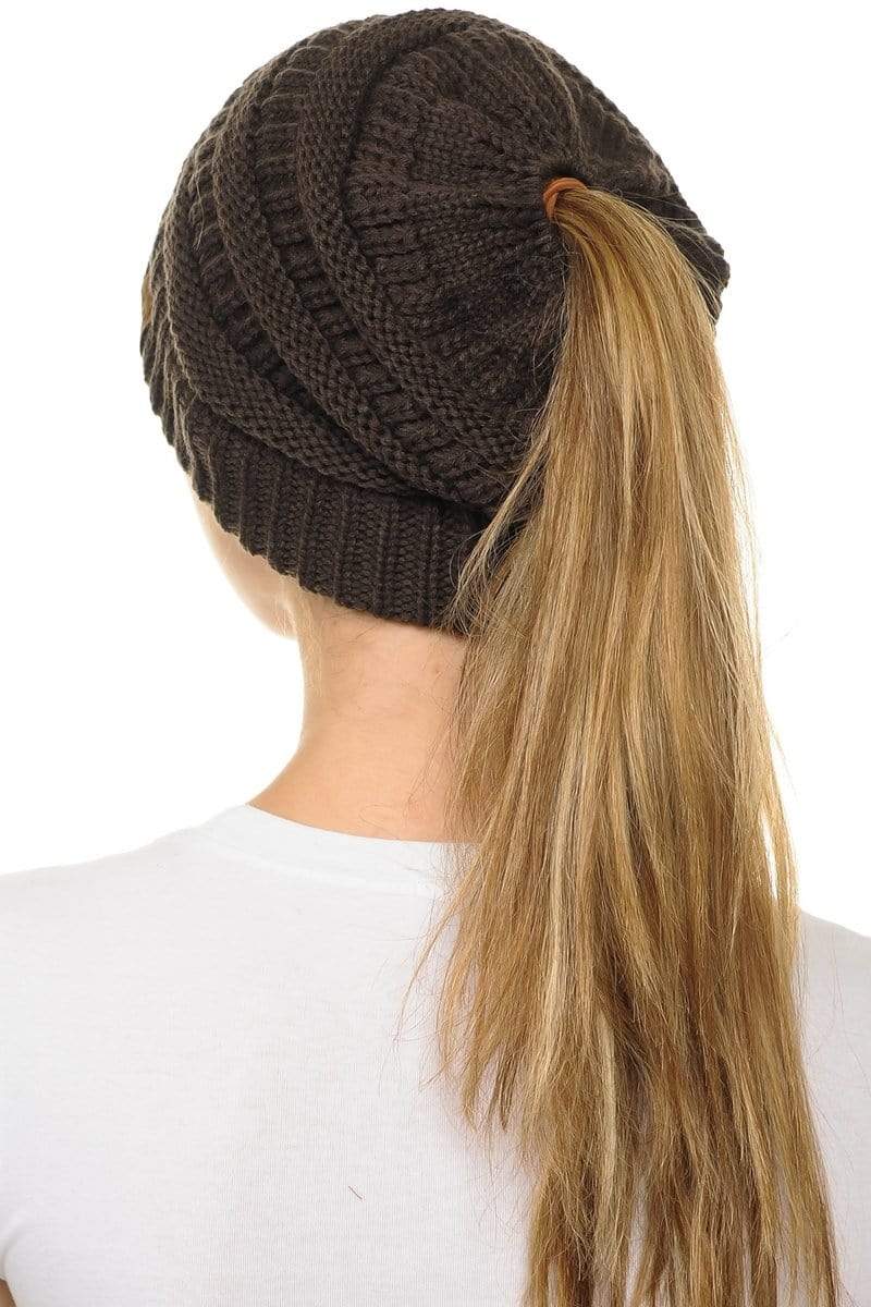 C.C Apparel C.C MB20A  - Soft Stretch Cable Knit Warm Hat High Bun Ponytail Beanie
