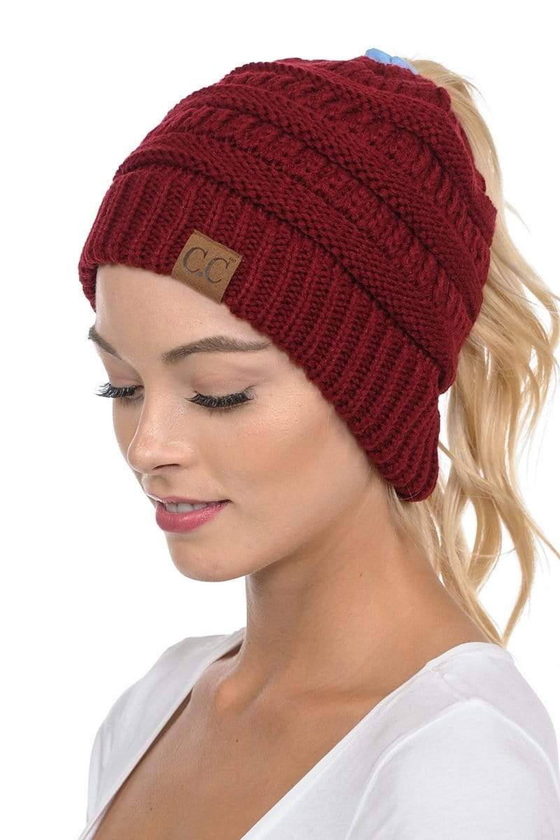C.C Apparel C.C MB20A  - Soft Stretch Cable Knit Warm Hat High Bun Ponytail Beanie