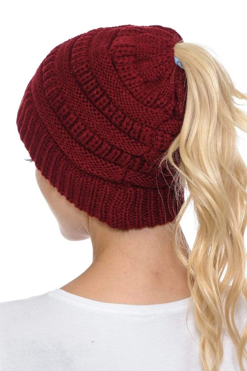 C.C Apparel C.C MB20A  - Soft Stretch Cable Knit Warm Hat High Bun Ponytail Beanie