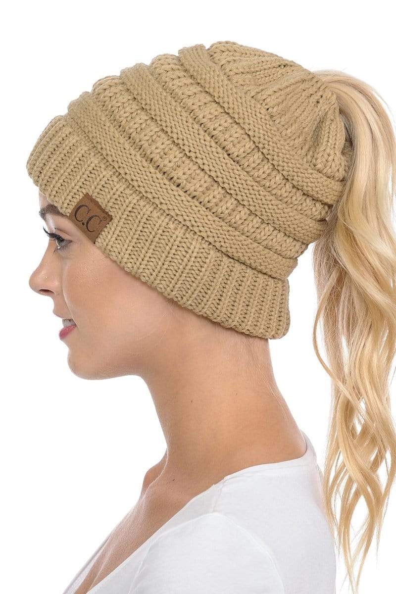 C.C Apparel C.C MB20A  - Soft Stretch Cable Knit Warm Hat High Bun Ponytail Beanie