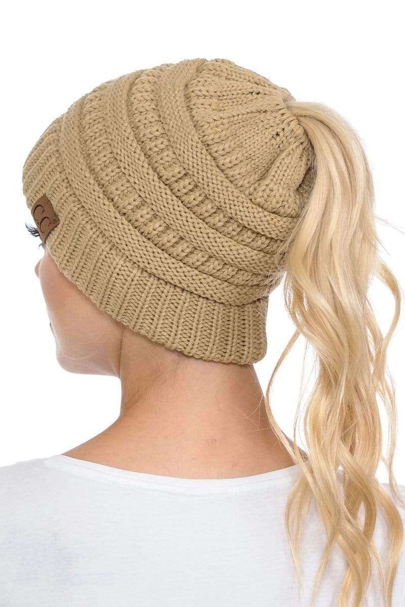 C.C Apparel C.C MB20A  - Soft Stretch Cable Knit Warm Hat High Bun Ponytail Beanie