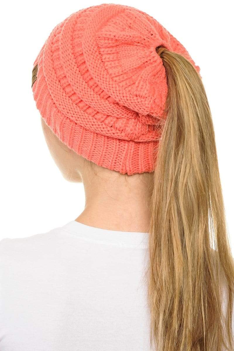 C.C Apparel C.C MB20A  - Soft Stretch Cable Knit Warm Hat High Bun Ponytail Beanie