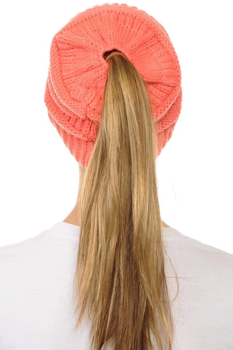 C.C Apparel C.C MB20A  - Soft Stretch Cable Knit Warm Hat High Bun Ponytail Beanie