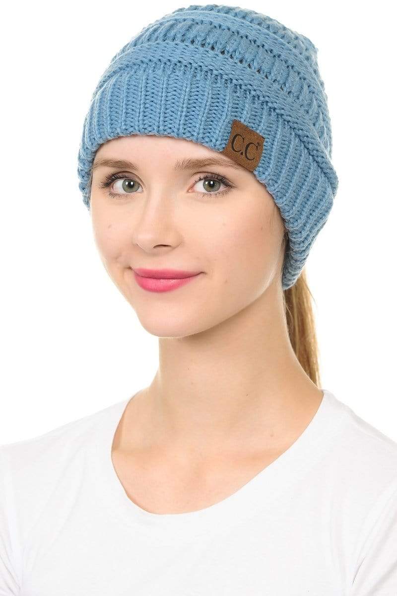 C.C Apparel C.C MB20A  - Soft Stretch Cable Knit Warm Hat High Bun Ponytail Beanie