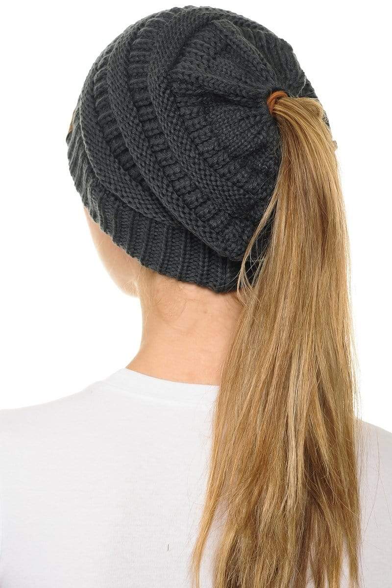 C.C Apparel C.C MB20A  - Soft Stretch Cable Knit Warm Hat High Bun Ponytail Beanie