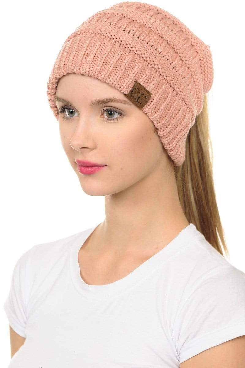 C.C Apparel C.C MB20A  - Soft Stretch Cable Knit Warm Hat High Bun Ponytail Beanie