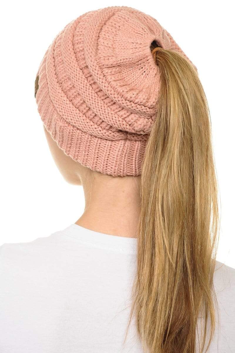 C.C Apparel C.C MB20A  - Soft Stretch Cable Knit Warm Hat High Bun Ponytail Beanie