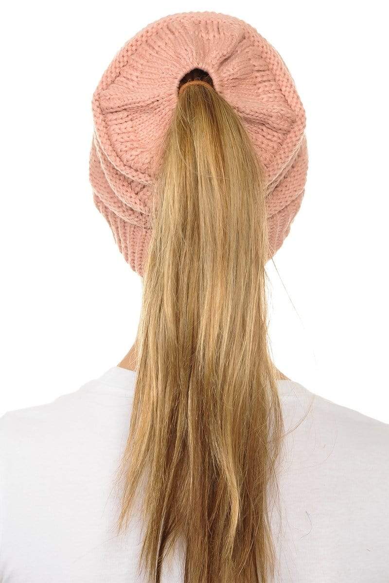 C.C Apparel C.C MB20A  - Soft Stretch Cable Knit Warm Hat High Bun Ponytail Beanie