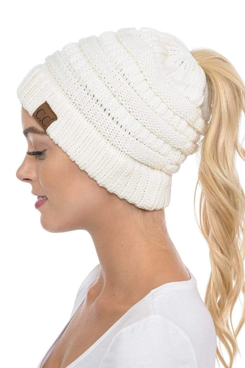 C.C Apparel C.C MB20A  - Soft Stretch Cable Knit Warm Hat High Bun Ponytail Beanie