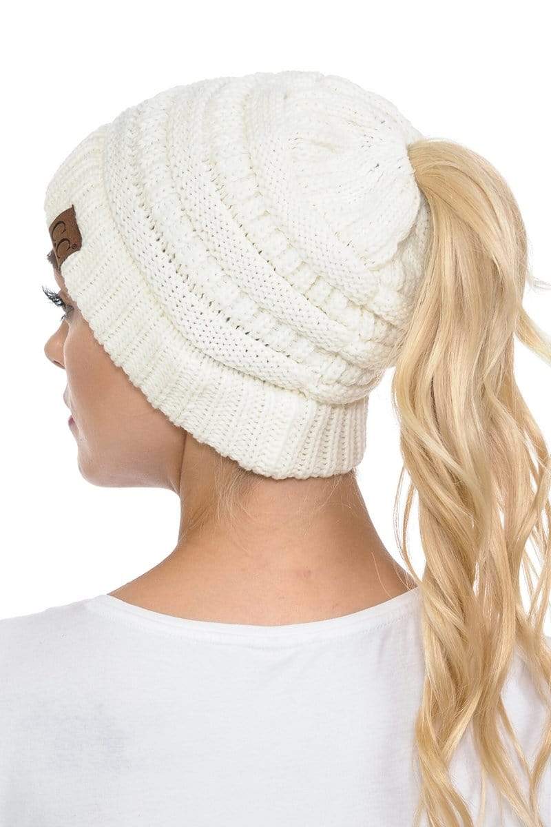 C.C Apparel C.C MB20A  - Soft Stretch Cable Knit Warm Hat High Bun Ponytail Beanie