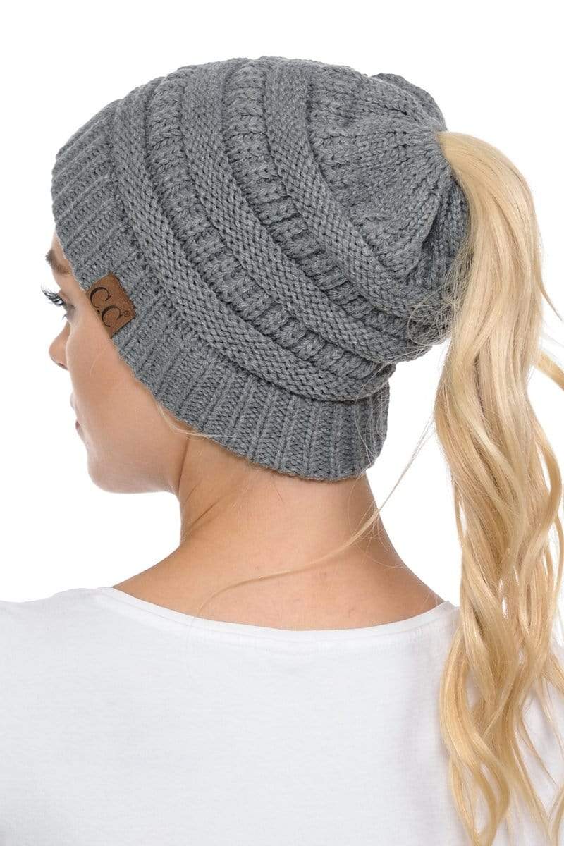 C.C Apparel C.C MB20A  - Soft Stretch Cable Knit Warm Hat High Bun Ponytail Beanie