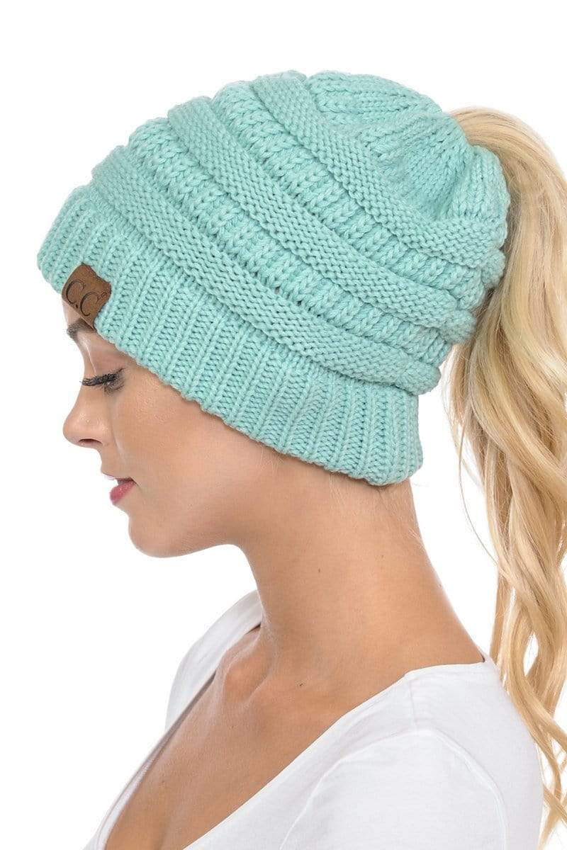 C.C Apparel C.C MB20A  - Soft Stretch Cable Knit Warm Hat High Bun Ponytail Beanie