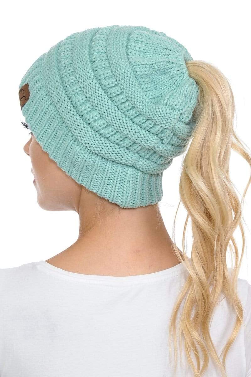 C.C Apparel C.C MB20A  - Soft Stretch Cable Knit Warm Hat High Bun Ponytail Beanie