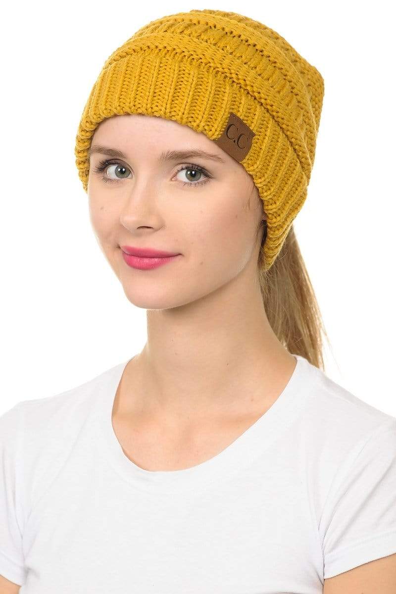C.C Apparel C.C MB20A  - Soft Stretch Cable Knit Warm Hat High Bun Ponytail Beanie