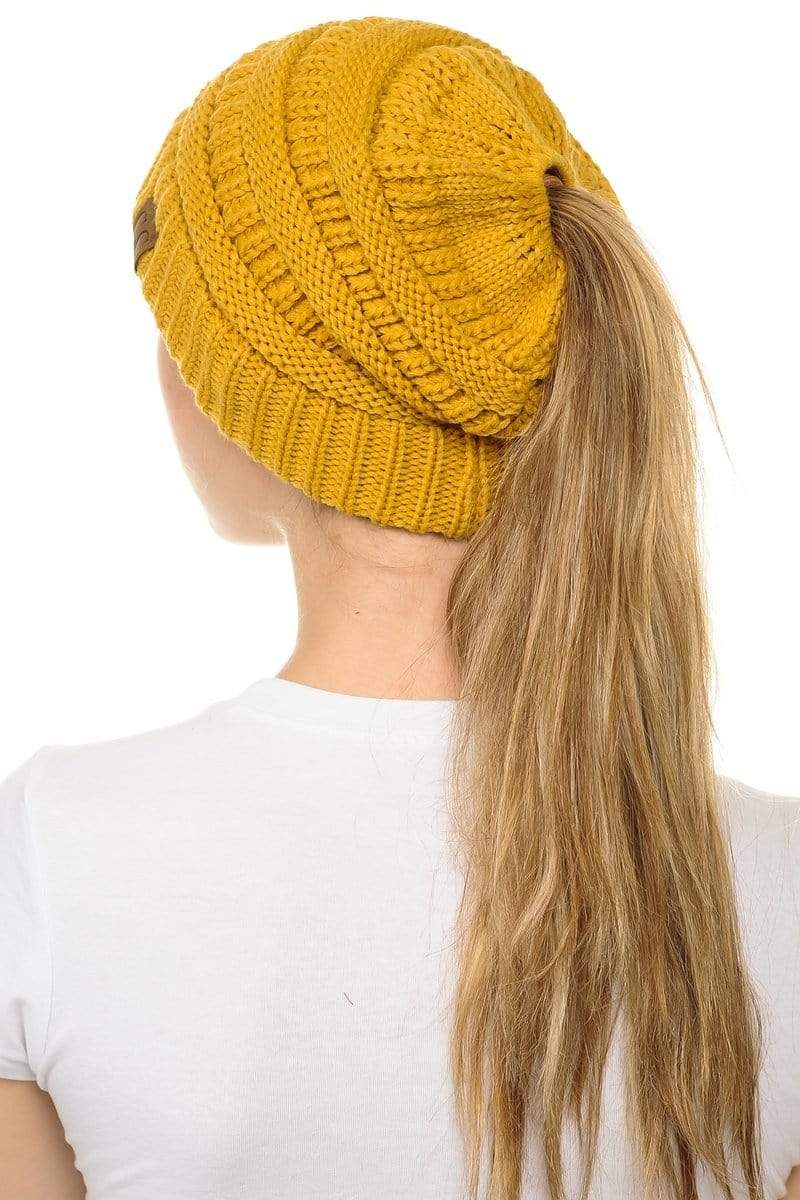 C.C Apparel C.C MB20A  - Soft Stretch Cable Knit Warm Hat High Bun Ponytail Beanie