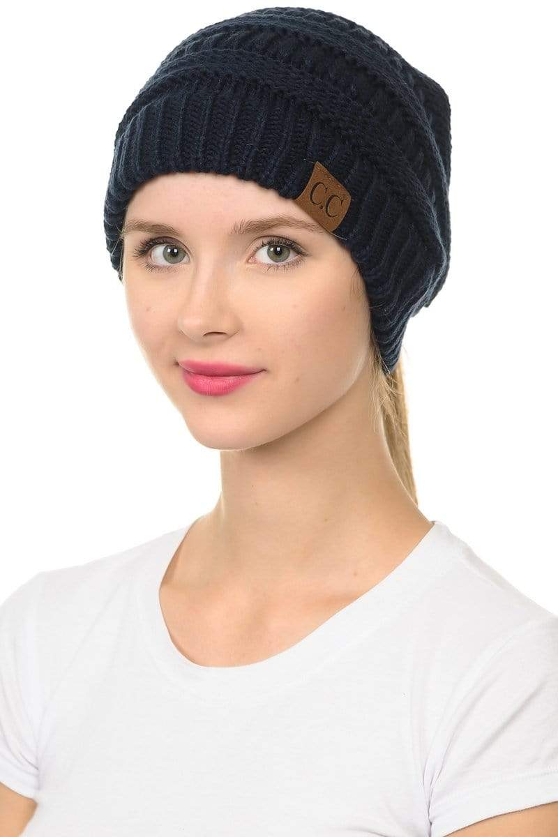 C.C Apparel C.C MB20A  - Soft Stretch Cable Knit Warm Hat High Bun Ponytail Beanie