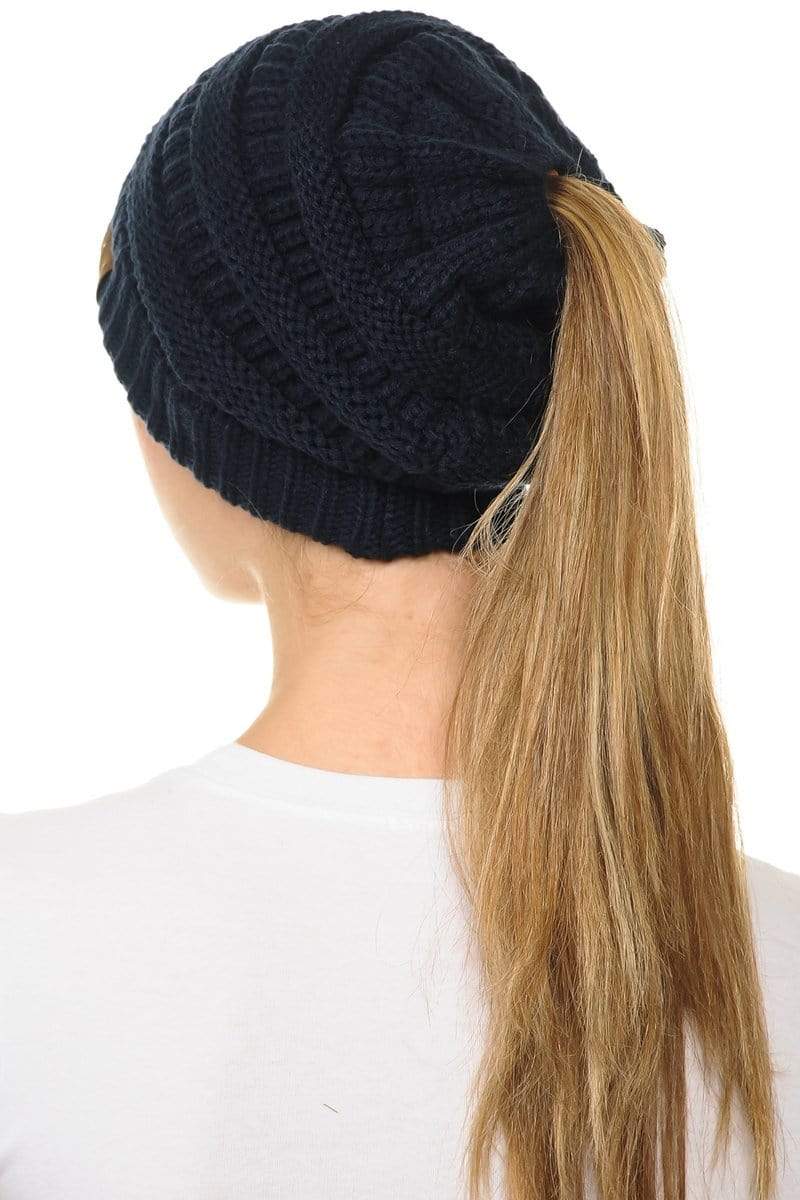 C.C Apparel C.C MB20A  - Soft Stretch Cable Knit Warm Hat High Bun Ponytail Beanie
