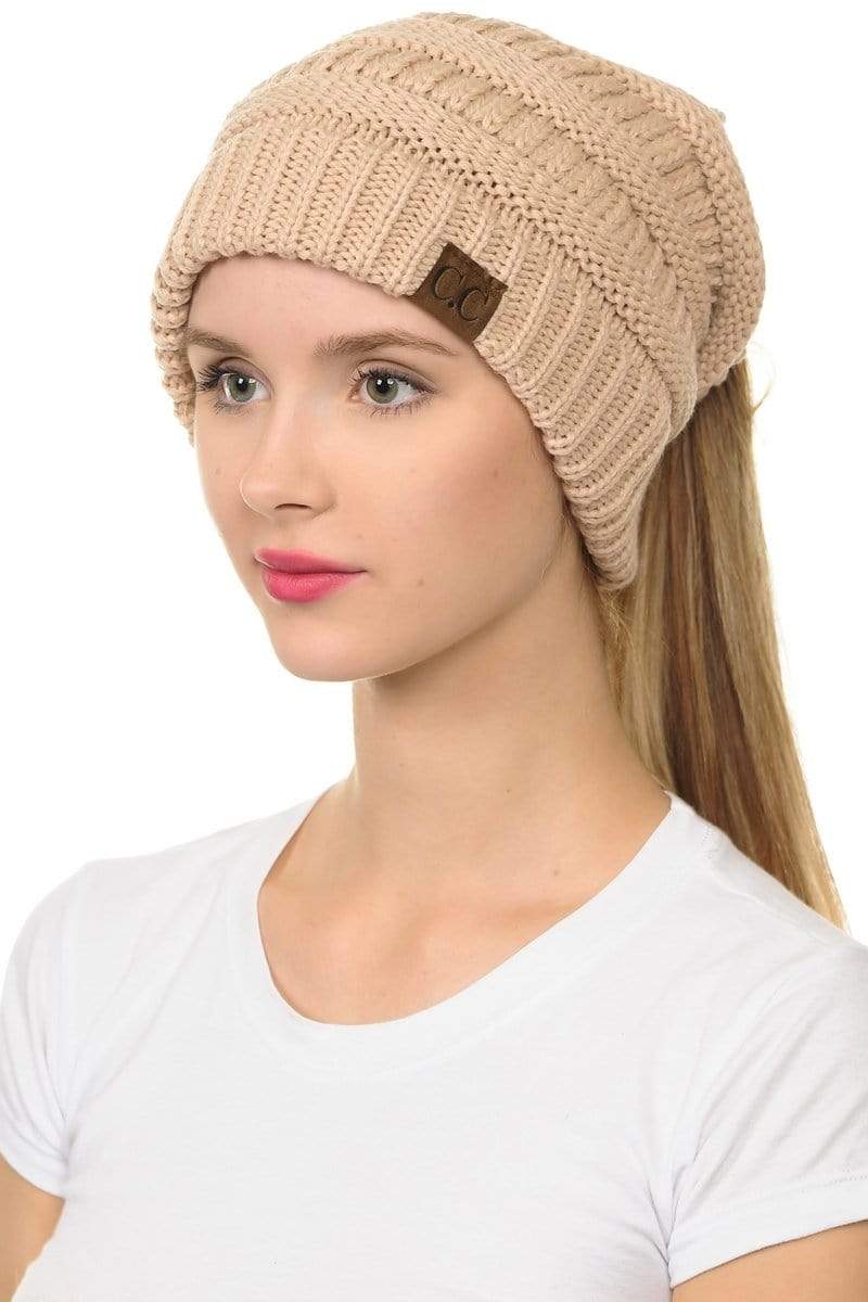 C.C Apparel C.C MB20A  - Soft Stretch Cable Knit Warm Hat High Bun Ponytail Beanie
