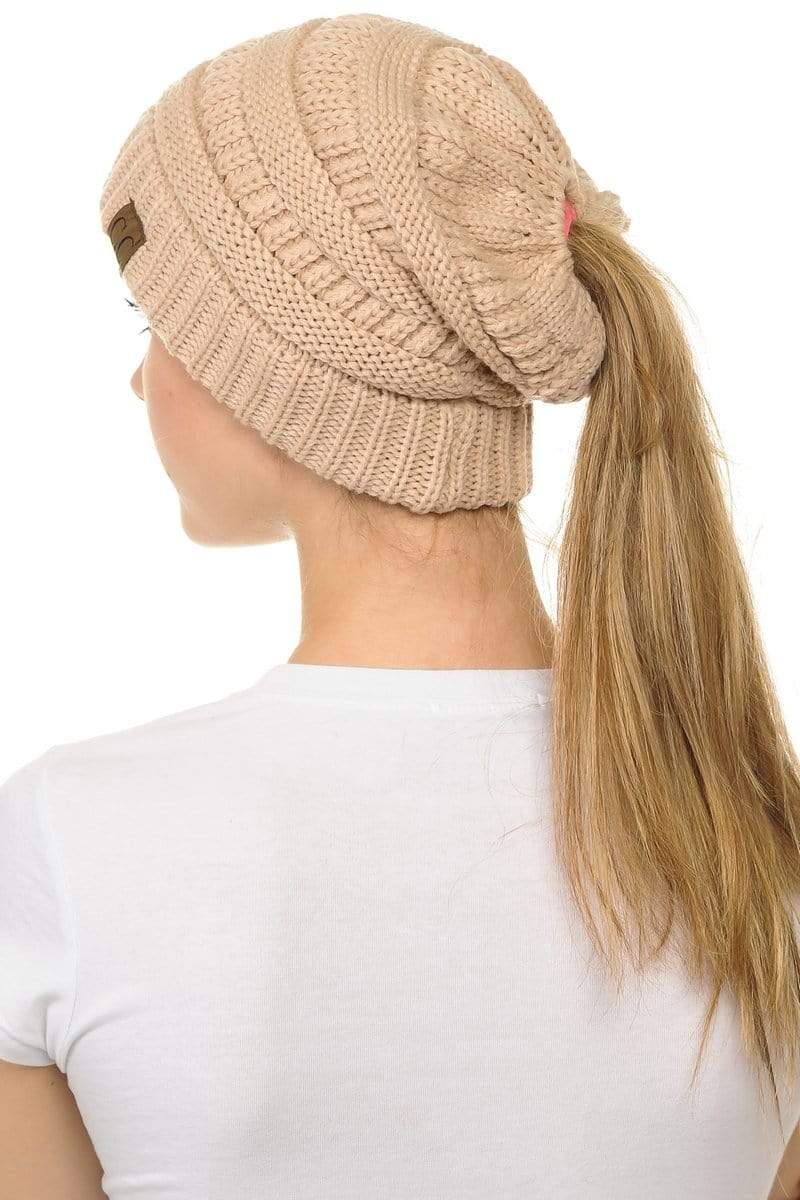 C.C Apparel C.C MB20A  - Soft Stretch Cable Knit Warm Hat High Bun Ponytail Beanie