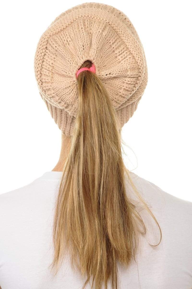 C.C Apparel C.C MB20A  - Soft Stretch Cable Knit Warm Hat High Bun Ponytail Beanie