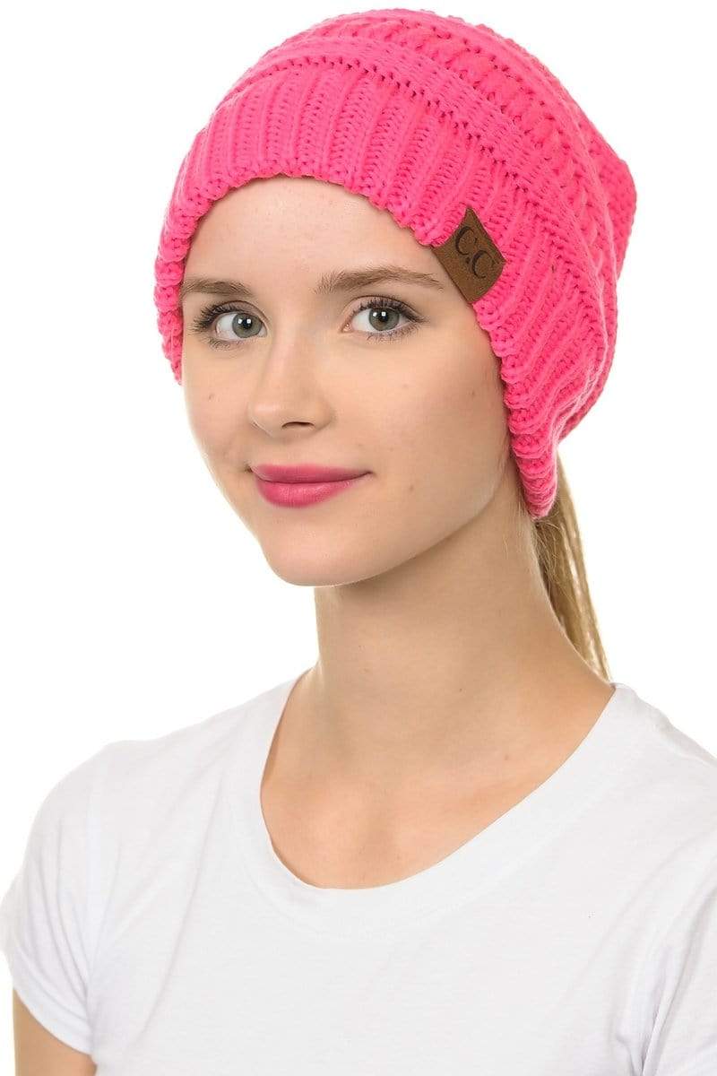 C.C Apparel C.C MB20A  - Soft Stretch Cable Knit Warm Hat High Bun Ponytail Beanie