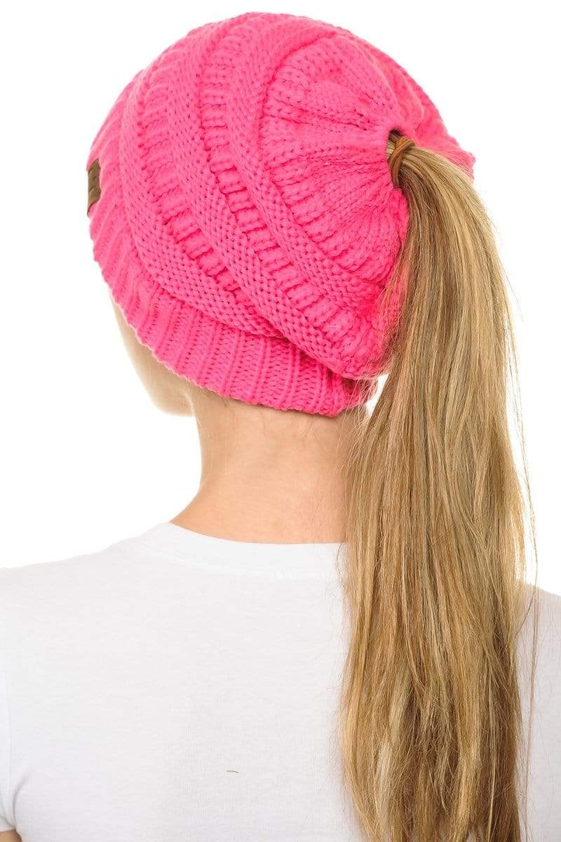 C.C Apparel C.C MB20A  - Soft Stretch Cable Knit Warm Hat High Bun Ponytail Beanie