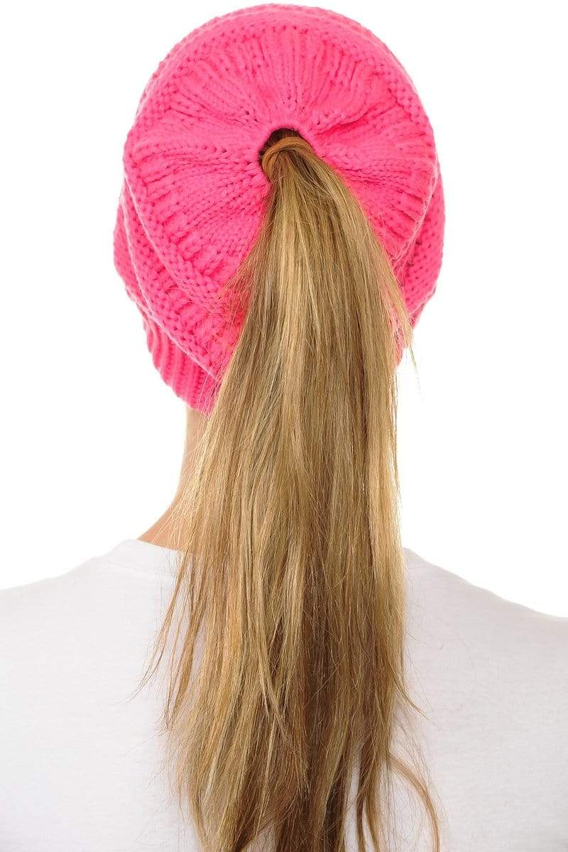 C.C Apparel C.C MB20A  - Soft Stretch Cable Knit Warm Hat High Bun Ponytail Beanie