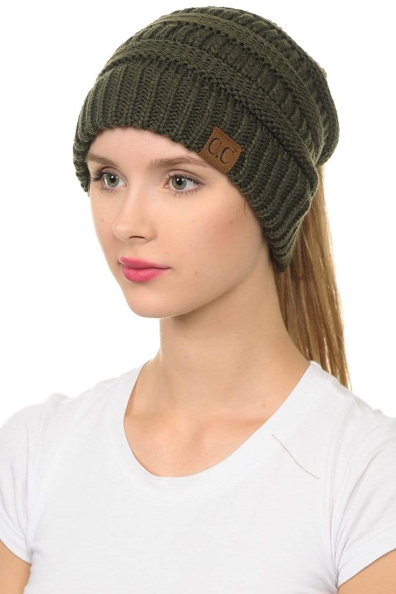 C.C Apparel C.C MB20A  - Soft Stretch Cable Knit Warm Hat High Bun Ponytail Beanie
