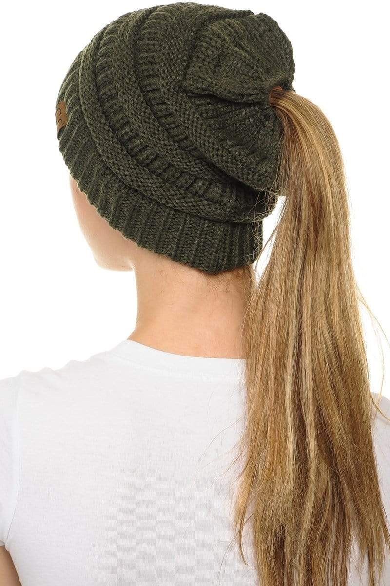 C.C Apparel C.C MB20A  - Soft Stretch Cable Knit Warm Hat High Bun Ponytail Beanie