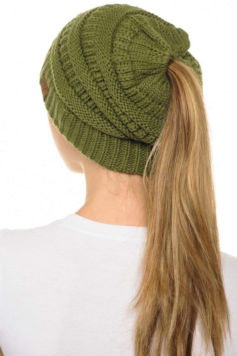 C.C Apparel C.C MB20A  - Soft Stretch Cable Knit Warm Hat High Bun Ponytail Beanie