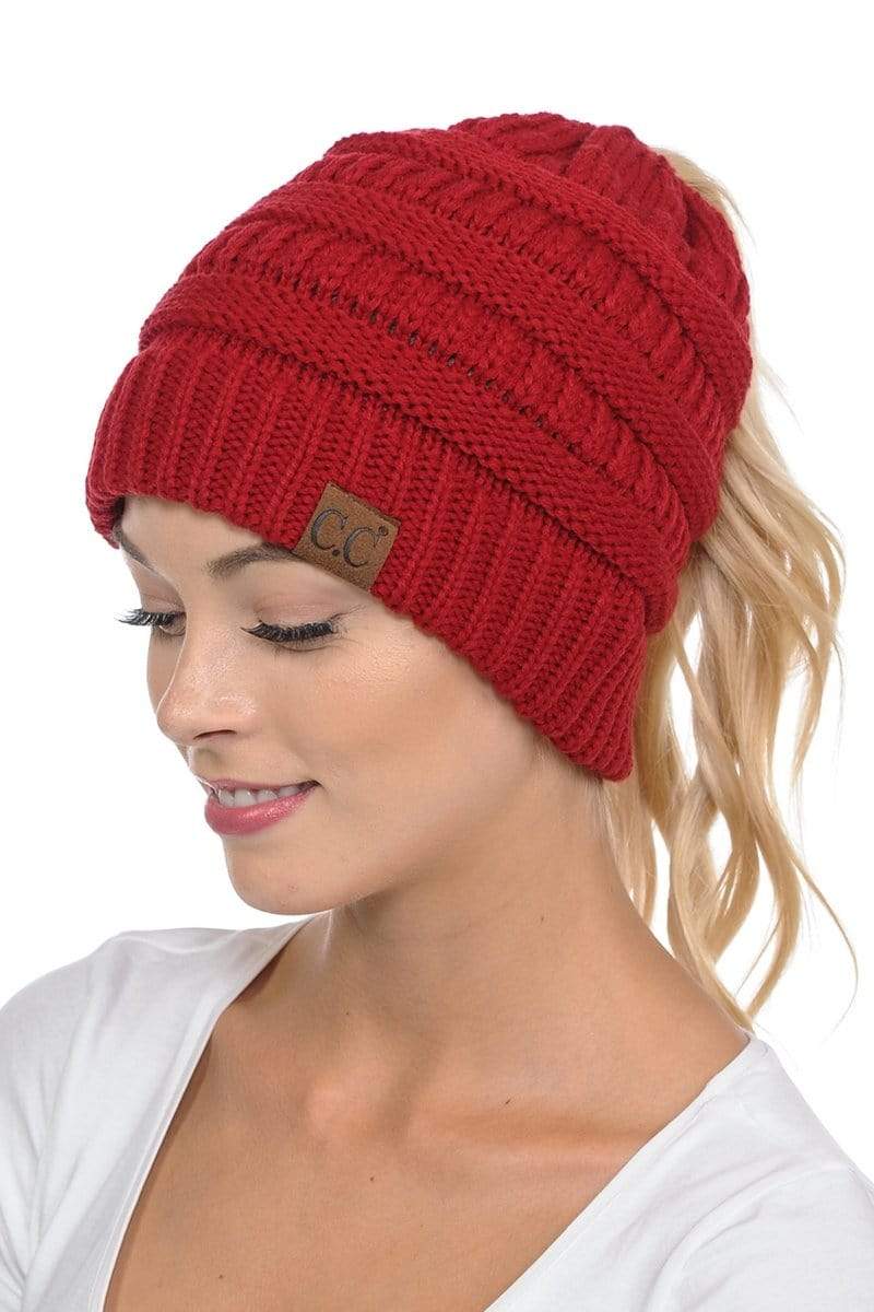 C.C Apparel C.C MB20A  - Soft Stretch Cable Knit Warm Hat High Bun Ponytail Beanie