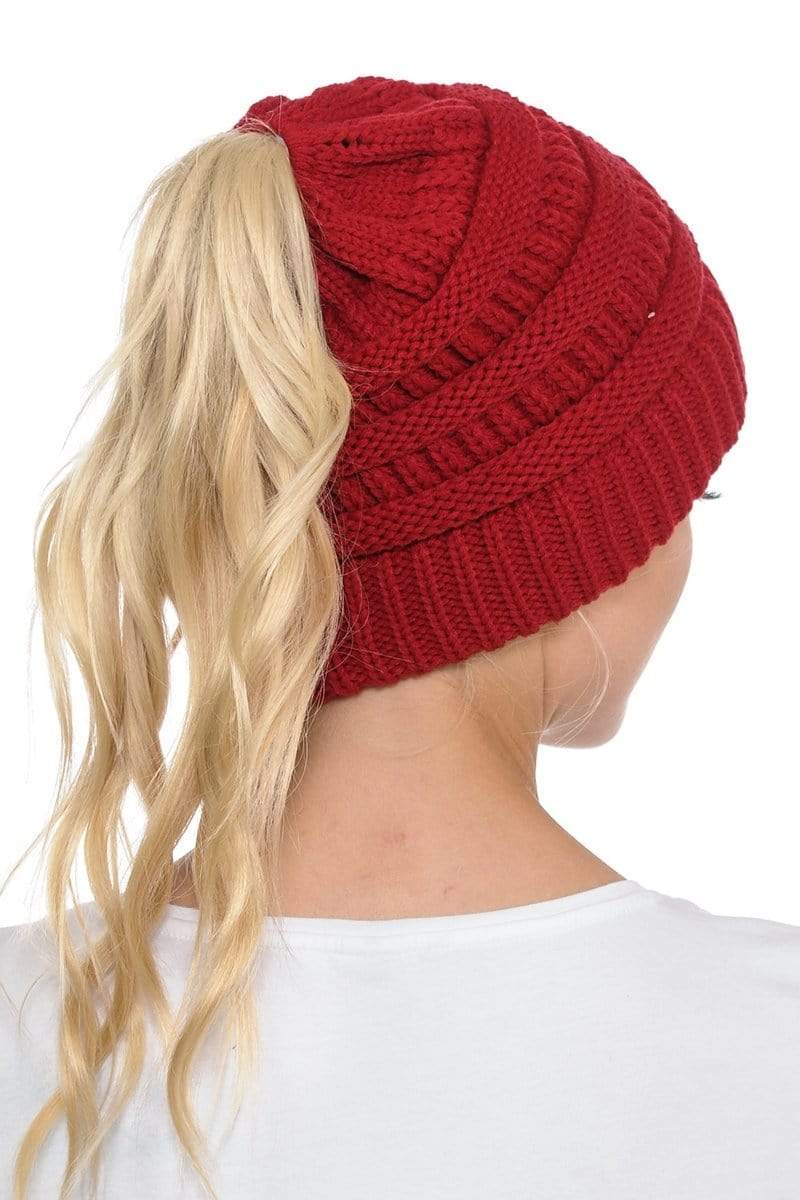 C.C Apparel C.C MB20A  - Soft Stretch Cable Knit Warm Hat High Bun Ponytail Beanie