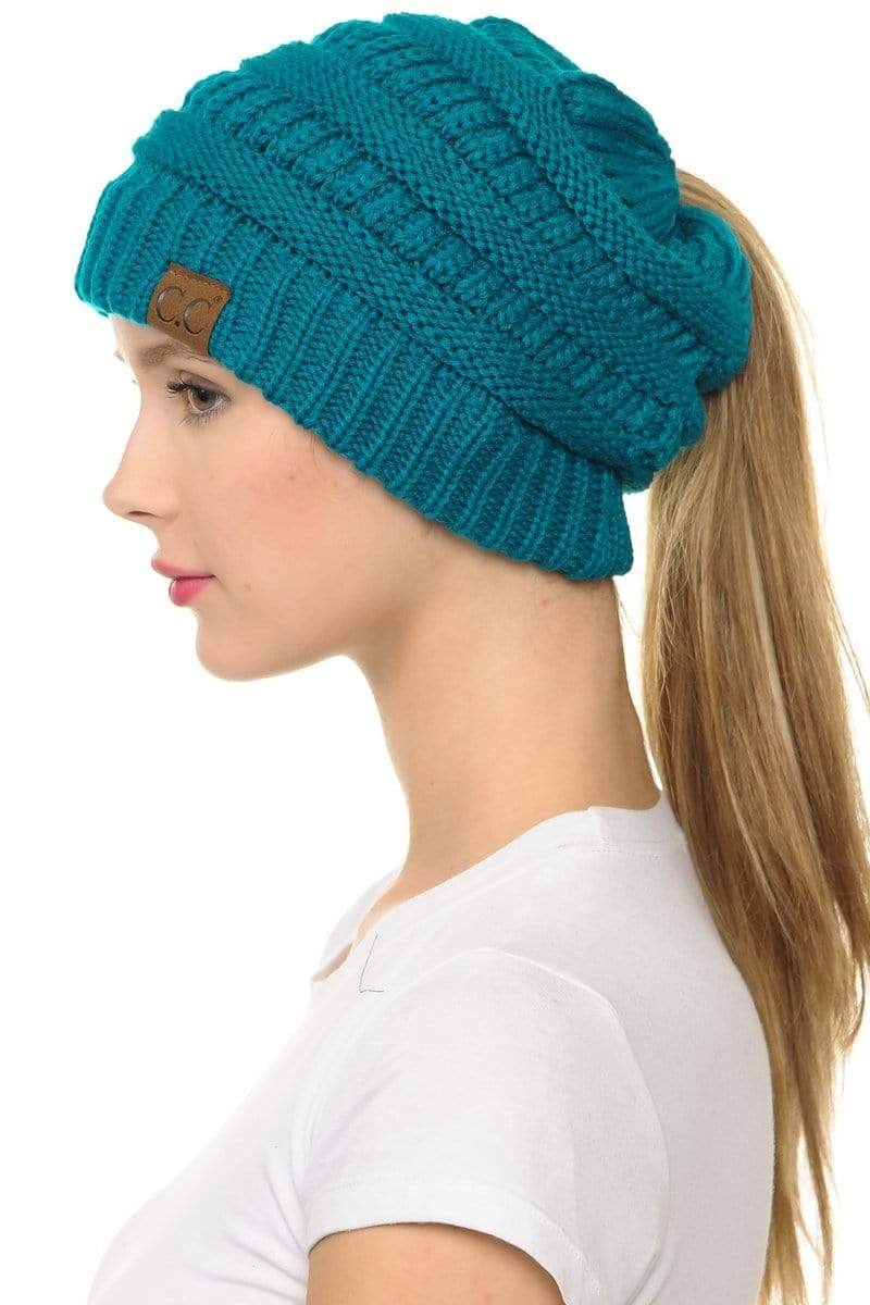 C.C Apparel C.C MB20A  - Soft Stretch Cable Knit Warm Hat High Bun Ponytail Beanie