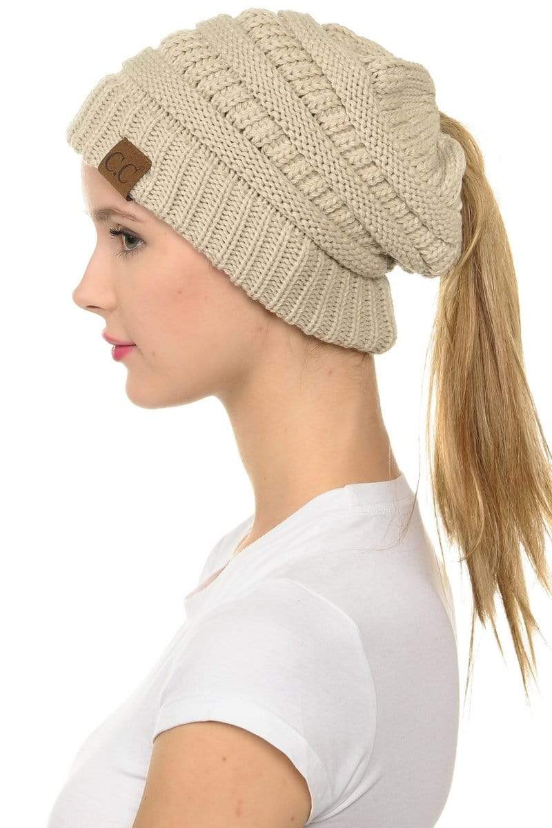 C.C Apparel Beige C.C MB20A  - Soft Stretch Cable Knit Warm Hat High Bun Ponytail Beanie